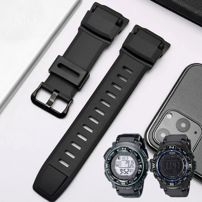 For Casio Pro TREK Black Silicone Sport Watch Strap Solid Steel Buckle Enhanced Convex Interface Shock Absorbing Outdoor 18mm