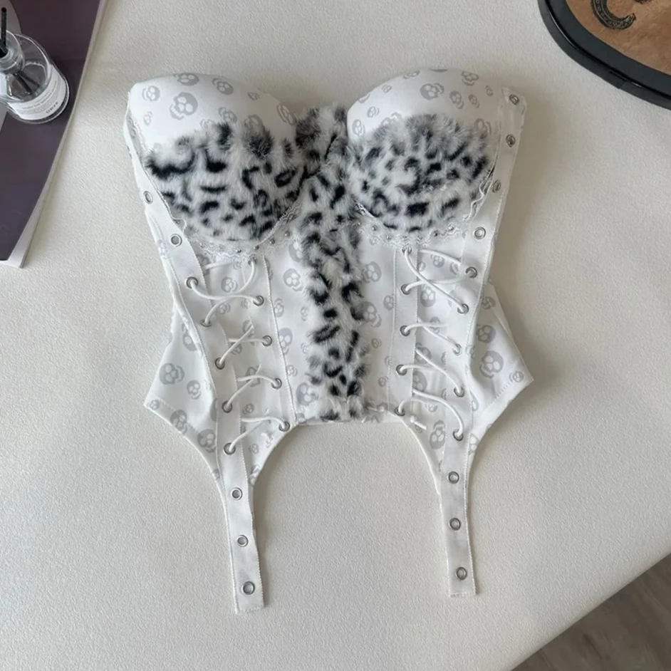 American Retro Gothic Skull Print Strapless Corset Top Leopard Splice Lace Trim Double Lace Up Slim Waist Cincher Alt Y2K Bustie