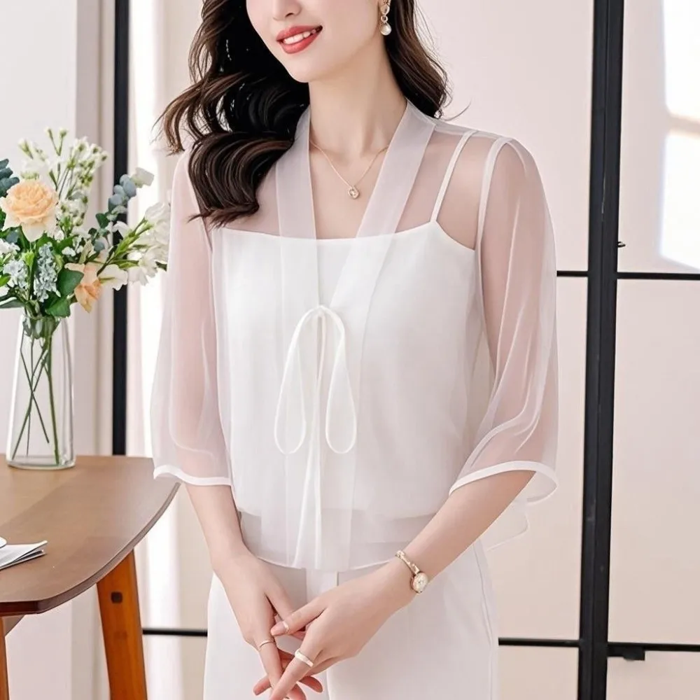 New Half Sleeve Chiffon Cardigan V-Neck Sun Protection Shawl Cardigan Breathable Lightweight Outerwear Top For Women
