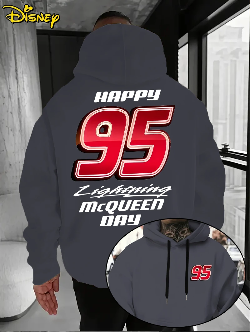 سترة ديزني - سترة بقلنسوة للرجال بنمط الرسوم المتحركة الحمراء 95 للخريف/الشتاء، سترة بقلنسوة فضفاضة بجيب أمامي، مناسبة لملابس غير رسمية