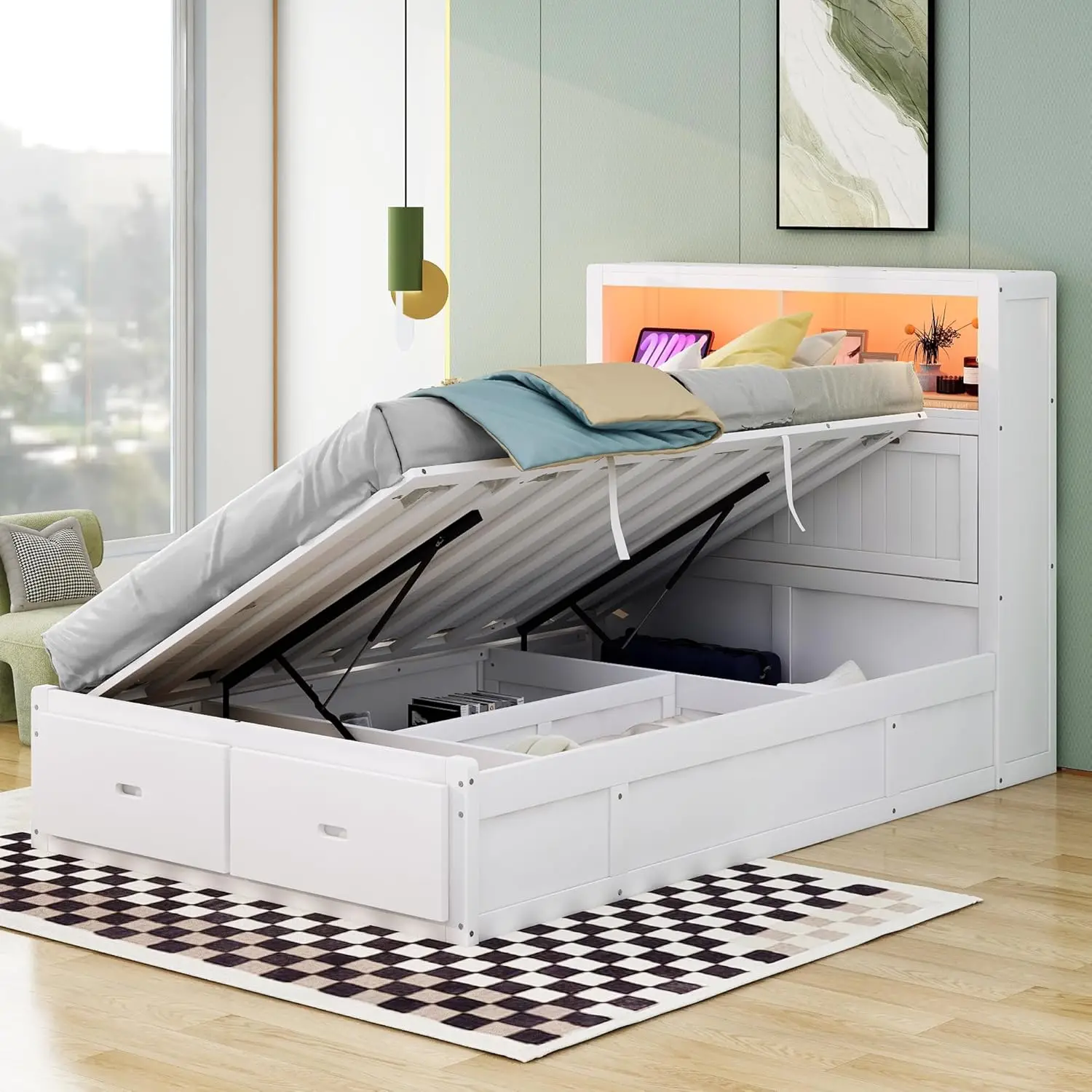 

Wood Full Size Platform Bed With Storage Headboard& Charging Station, Lift Up Storage Bed With 2 Drawers And Strong Slats
