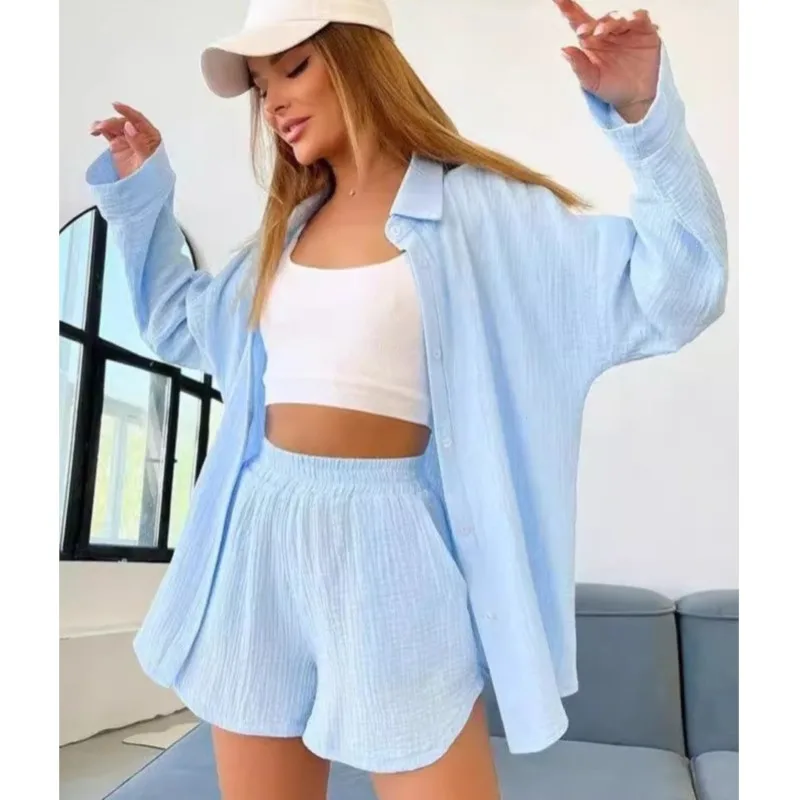 Women's Summer Short Sets Long Sleeve Shirts Tops+Loose Elastic Waist Mini Shorts Sets Cotton Solid Color Pleat Two Pieces Suit