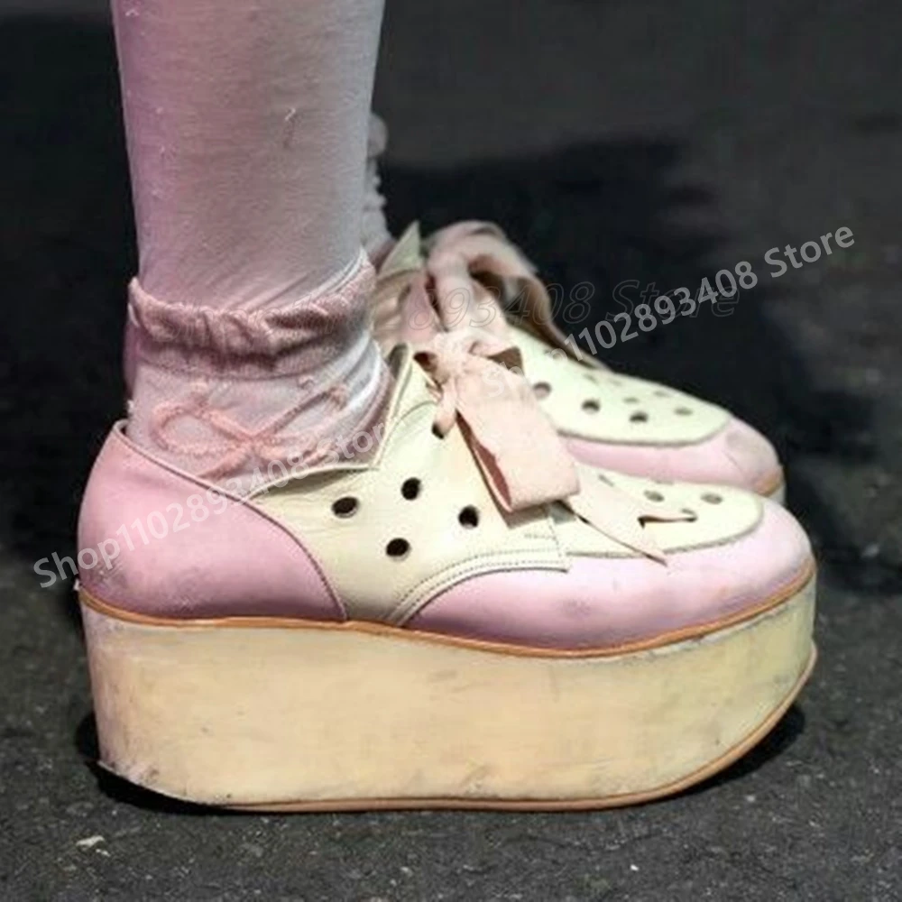 

Pink and White Hollow Thicksoled Pumps Cross Tied Matte Leather Sweet Cool Fashion Women Shoes 2025 Spring Zapatos Para Mujere