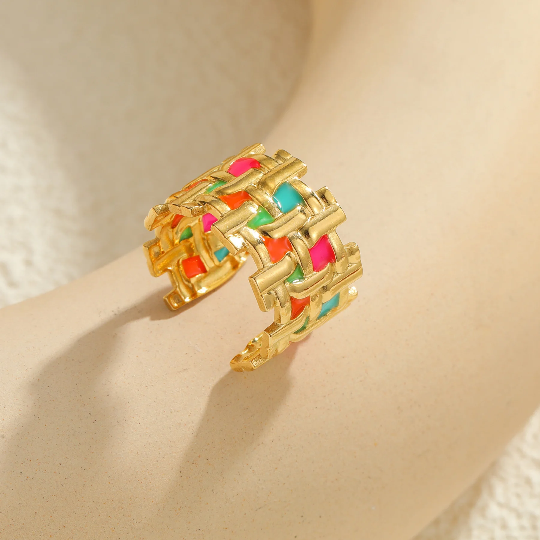 Kissmoon Trendy Colorful Irregular Geometry Open Stainless Steel Gold Color Ring for Women Brithday Vacation Party Jewelry Gifts