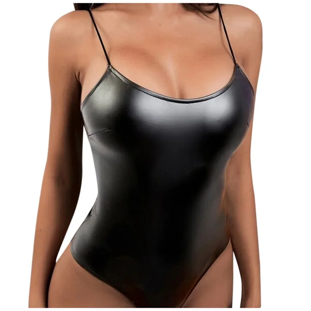Women Nightclub Sexy Lingerie Glossy Black Pu Leather Tight Bodysuit Uniform Bra And Panty Garters sets Open Bra Fantasy