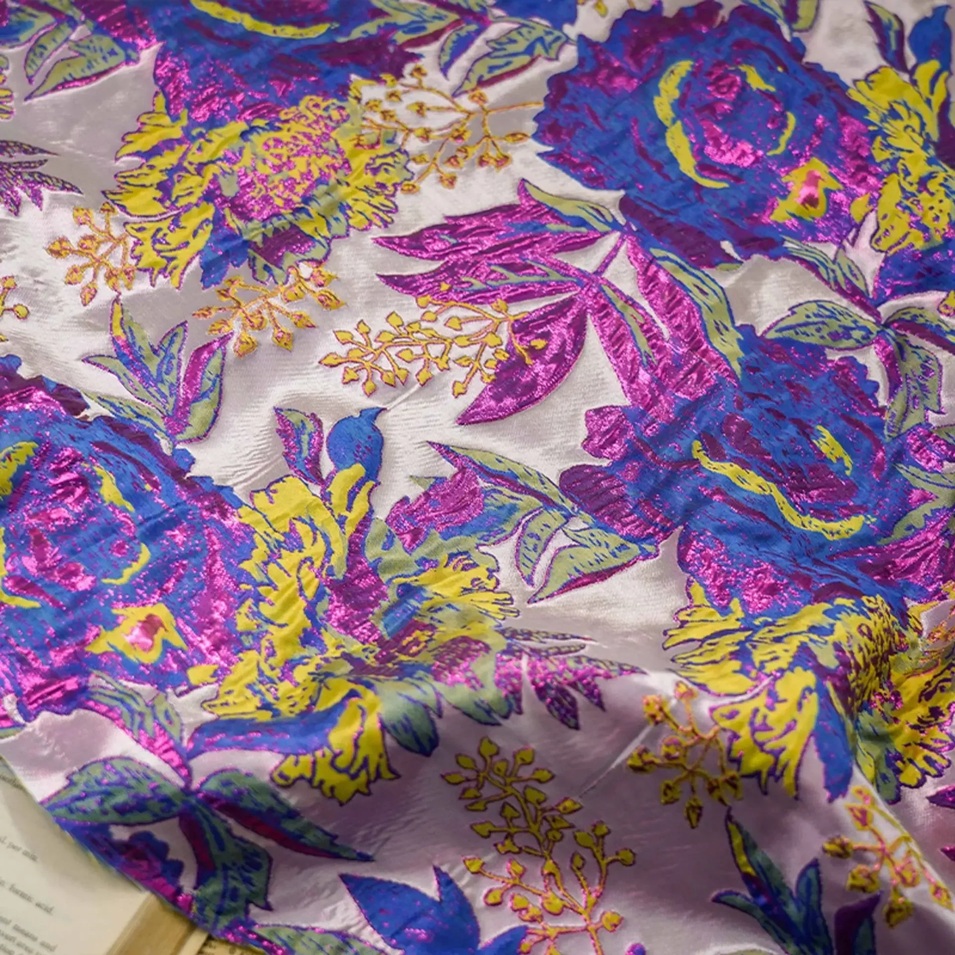 Gold Silk Purple Blue Flower Relief Jacquard Fabric Retro Dress Cheongsam Jacket Decorative Sewing Fabric