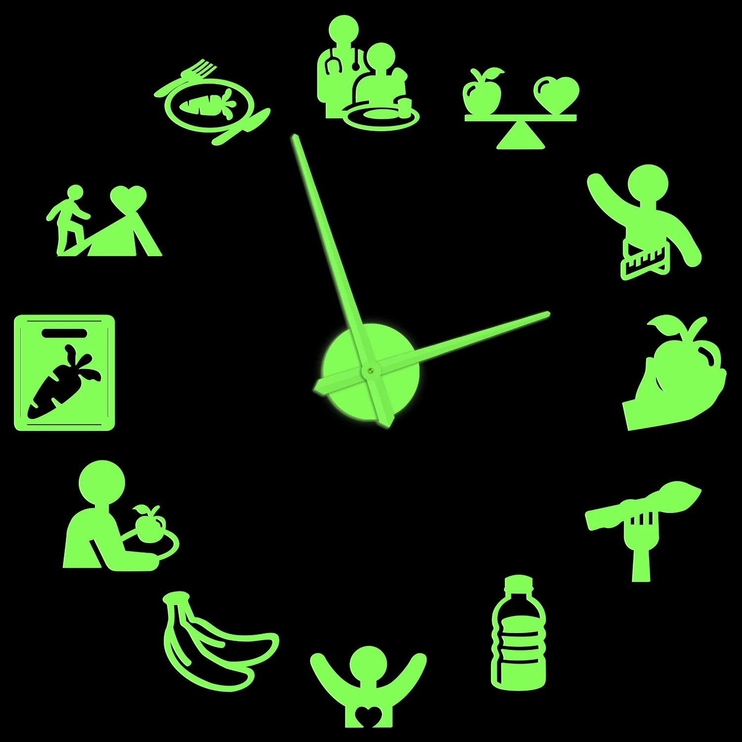 

Nutrition Care Healthy Eating Self Adhesive DIY Wall Clock For Kitchen Dinning Room Nutritionist Frameless Glow in Dark Watch