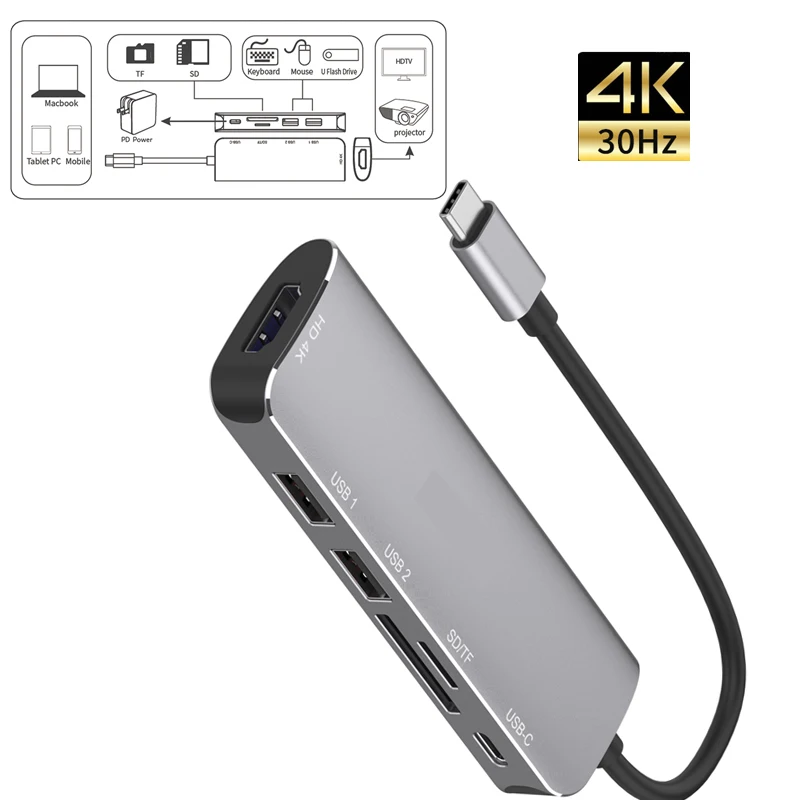 محطة إرساء الكمبيوتر المحمول usb hub TF/SD قارئ بطاقات 6In1 الفاصل محول نوع C إلى HDMI متوافق محول الشاشة تقاسم 4K @ 30 هرتز