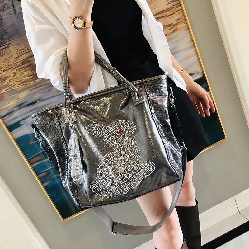 New Women Vintage Genuine Leather Big Capacity Top-handle Handbag Fashion Lady Luxury Brand Diamond Designer Shoulder Bag Bolsos