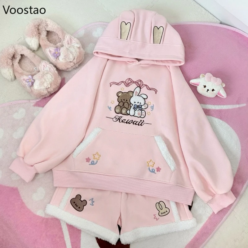 

Japanese Kawaii Lolita Style Hoodie Shorts Sets Women Sweet Cartoon Rabbit Hooded Sweatshirt Cute Short Pants Girls Y2k Outfits