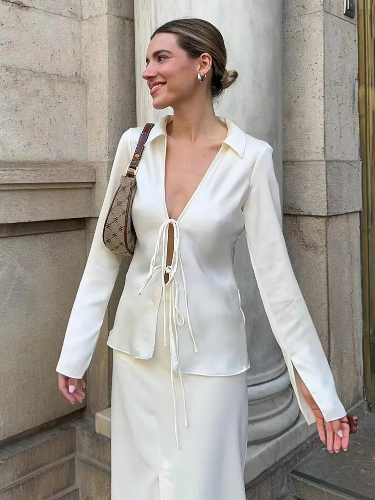TRAFZA damskie eleganckie satynowe bluzki z klapami nowa moda z długim rękawem i kokardą sznurowana koszula kobiece dorywczo wąskie topy z dekoltem