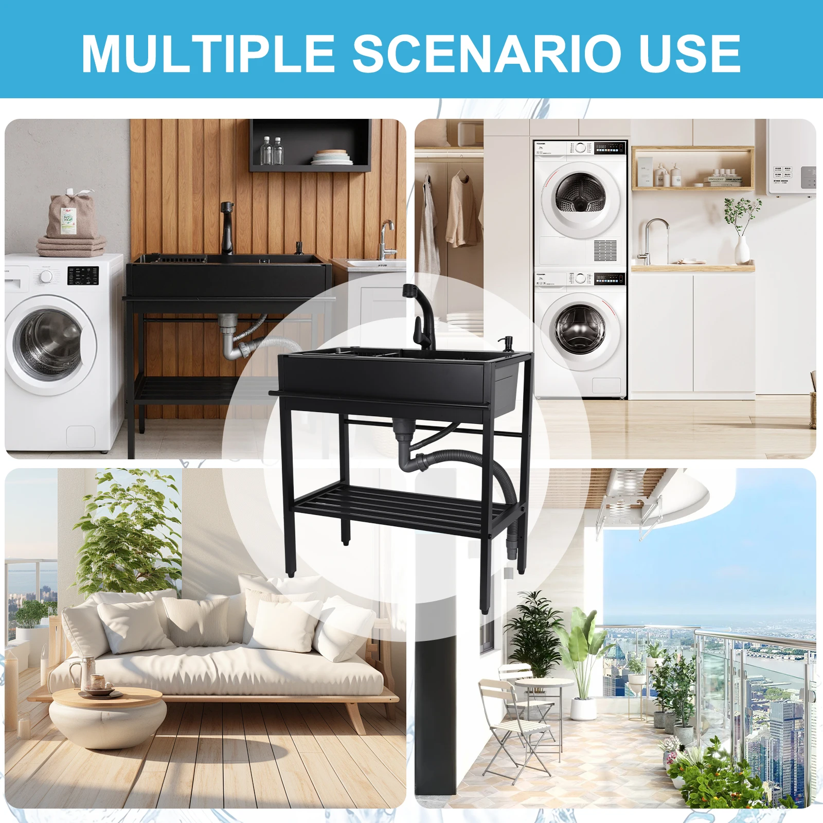 

Stainless Steel Utility Sink Free Standing Single Bowl Kitchen Sink with Pull-out Faucet for Kitchens Bathroom Garage