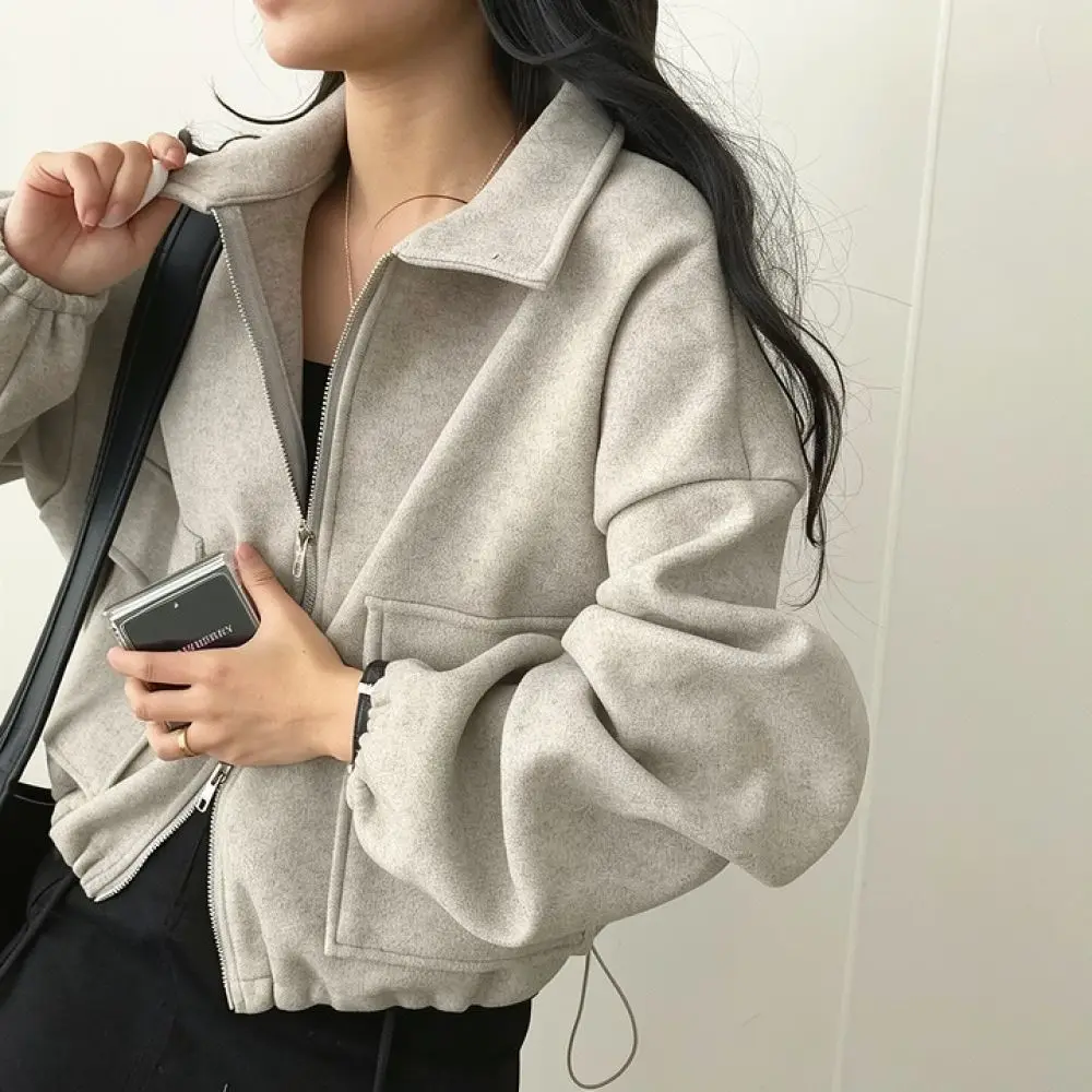 Ladies Stylish Autumn Jacket French Chic Loose Fit Zipper Coat Drawstring Waist Slimming Effect Functional Outerwear