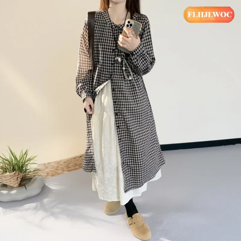 Losse kleding Leuke jurken Outfits Nieuw 2026 Lente Herfst Lange mouw Casual Japanse stijl Meisje Retro Vintage geruite overhemdjurk