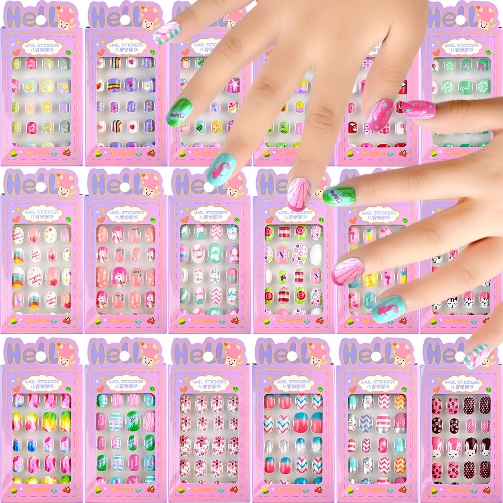 24Pcs Children Cartoon Press On Nails Flower/Animal Pattern Short Full Cover Fake Fingertips Kawaii Kids Artificial False Nail