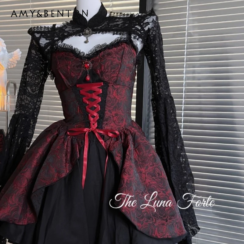 

Punk Dark Jacquard Gothic Red Black Women's Sling Dress Original Design Heavy Craft Court Lolita Subculture Dresses Set Ladies