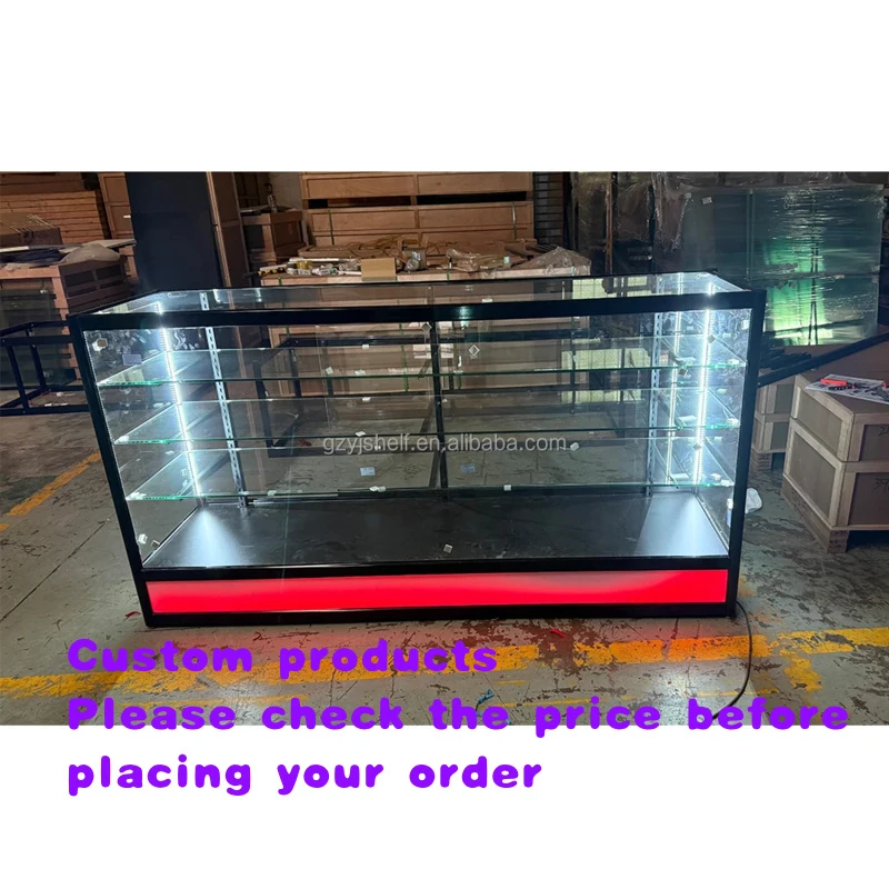 custom.6ft Glass Display Showcase LED Light Aluminum Frame Floor Standing Recyclable Durable Display Counters Smoke