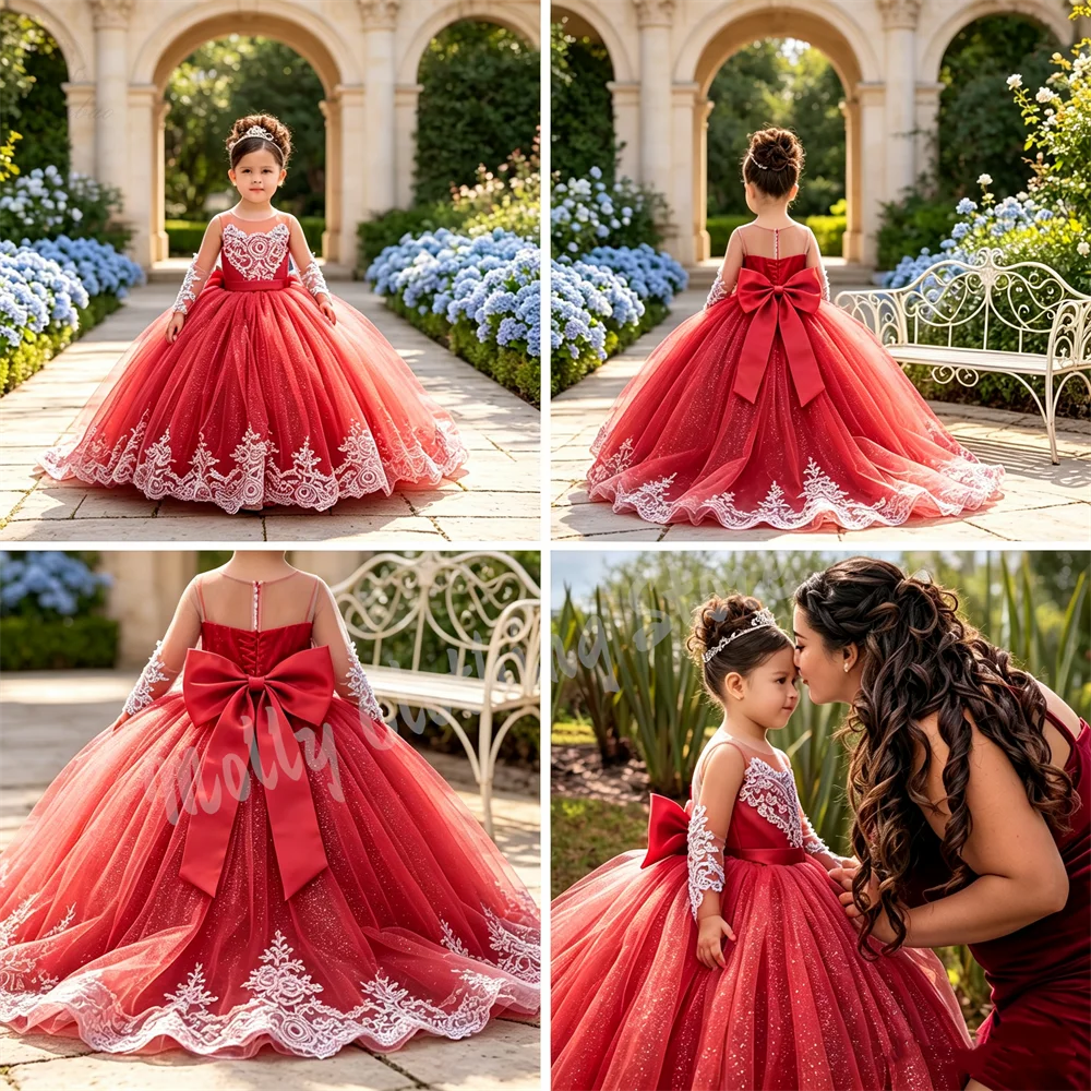 vestidos-de-nina-para-boda-con-flores-rojas-mangas-largas-encaje-blanco-lazo-de-saten-con-cola-vestidos-para-primera-comunion