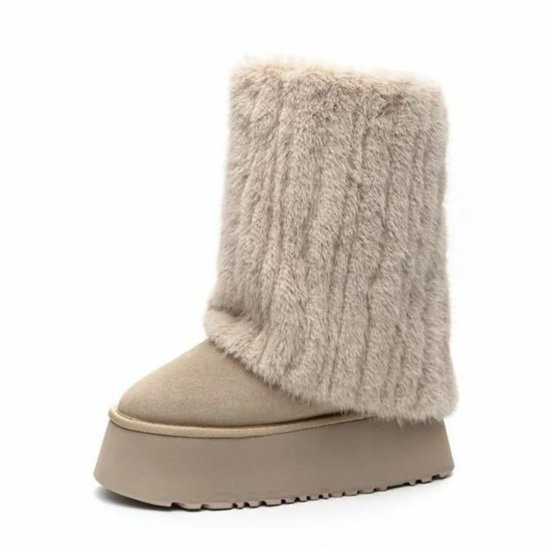 

Женские зимние зимние ботинки, роскошные меховые ботинки из искусственного лисьего меха, женские плюшевые теплые туфли на платформе, новые модные ботинки большого размера