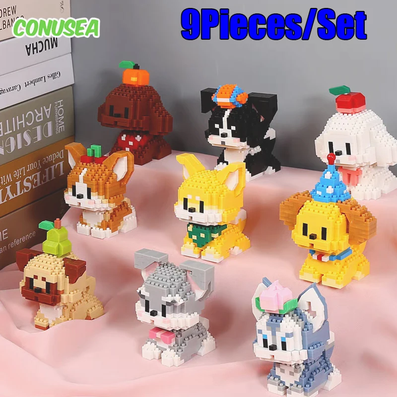 9 Teile/satz Welpen Bausteine Hund Ziegel Nette Doggy Haustier Modell Tier Collie Corg Diy Montieren