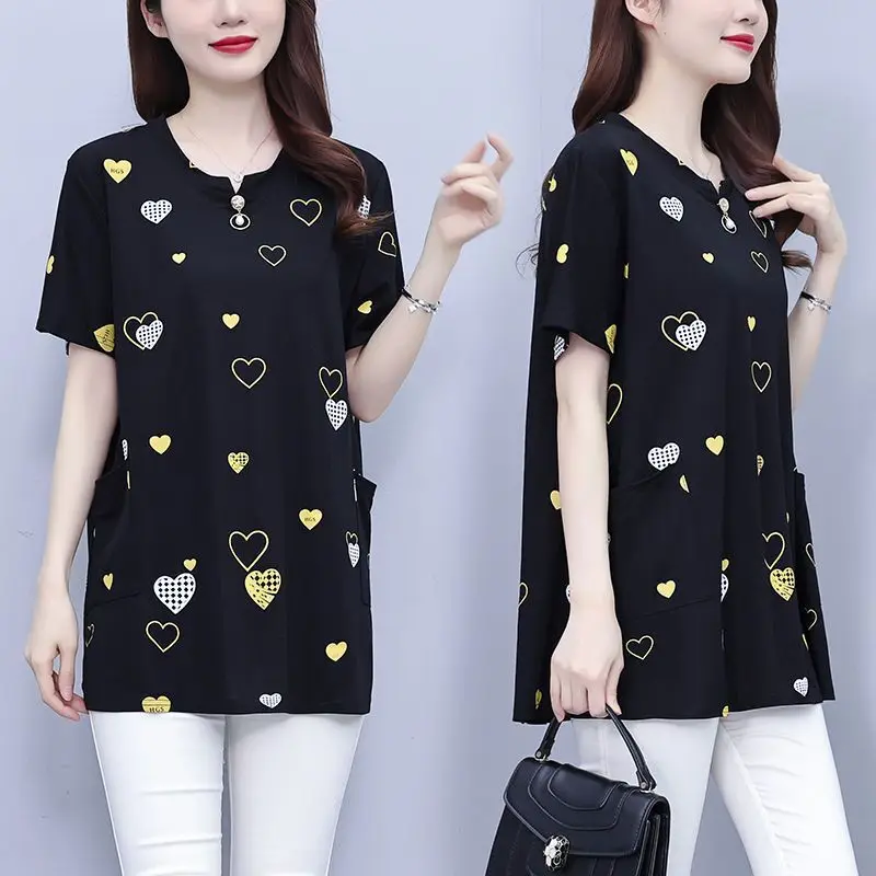 

Korean Commuting Summer New Women's Round Neck Printed Patchwork Pockets Loose Mid-length Short Sleeve Pure Cotton T-shirts Tops