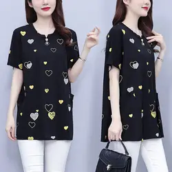 Korean Commuting Summer New Women's Round Neck Printed Patchwork Pockets Loose Mid-length Short Sleeve Pure Cotton T-shirts Tops