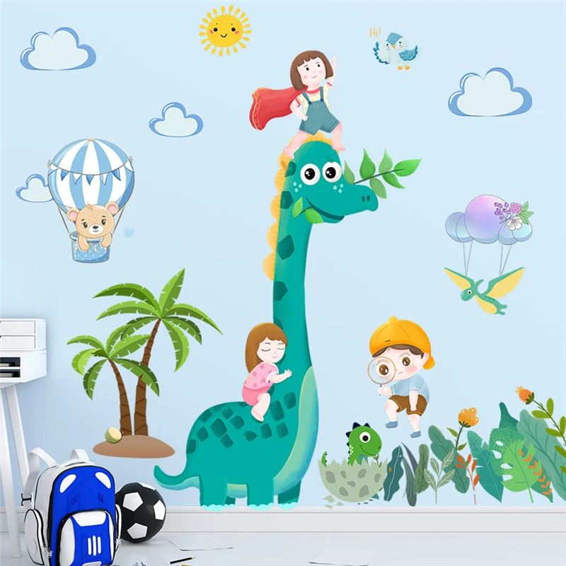 Exploring In Dinosaur World Wall Sticker For Kids Room Decoration Diy Cartoon Animal Diplodocus Mural Art Home Decal Pvc Poster