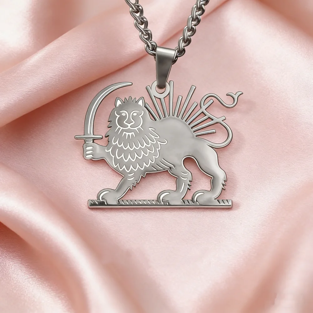 Iran Lion and Sun Necklace Stainless Steel Shir Khorshid Pahlavi Pendant Necklace Ancient Iranian Persian Jewelry