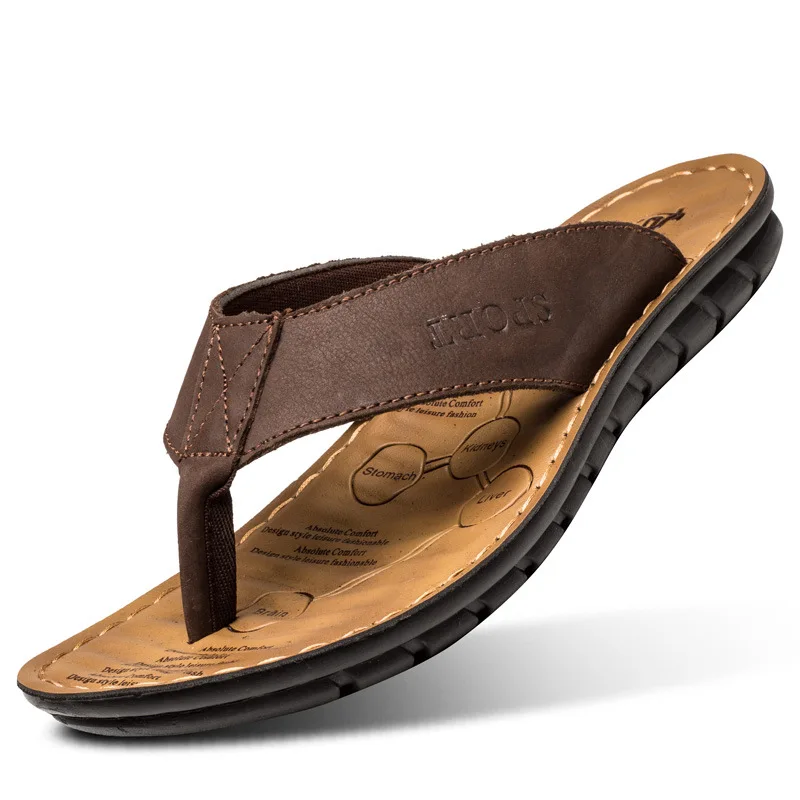 Summer Shoes Men Slippers Genuine Leather Mens Flip Flops Flat Mens Sandals Holiday Non-slip Black Khaki