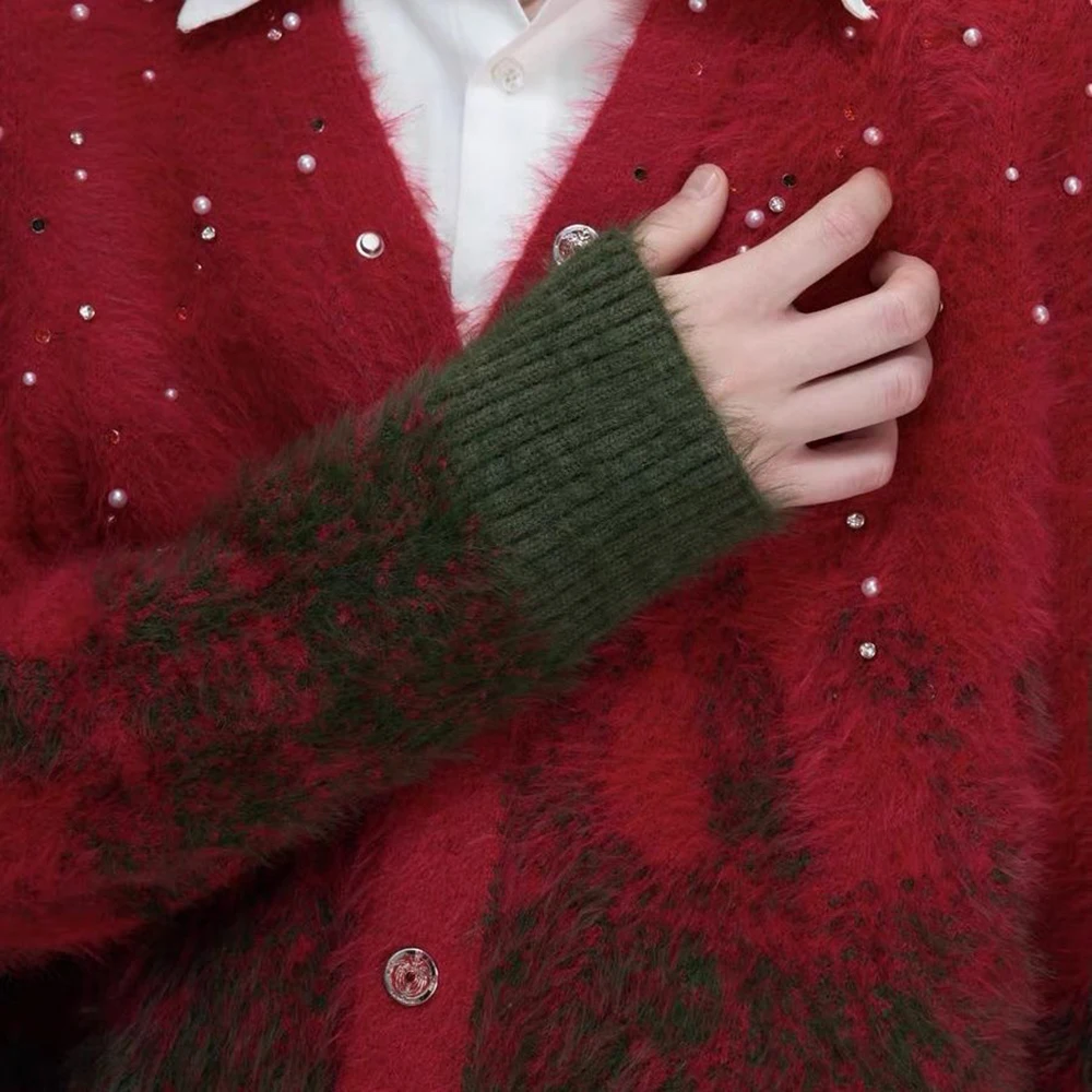 Mens Spring Sweater Y2k Rhinestone Pearl Gradient Color Blocking Knitwear Streetwear Fashion Outdoor Versatile Top Men'S Wear