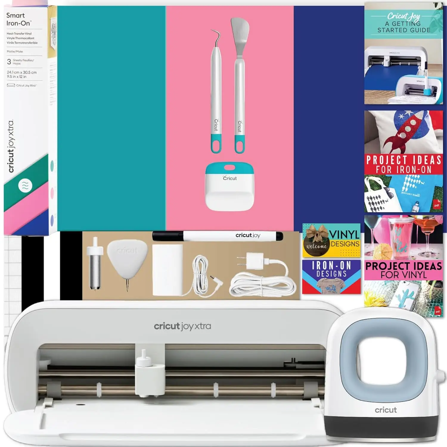 Joy Xtra and EasyPress Mini with Iron-On Vinyl Sampler Pack and Tool Kit Bundle - Cutting Machine with Small Heat Press and HTV