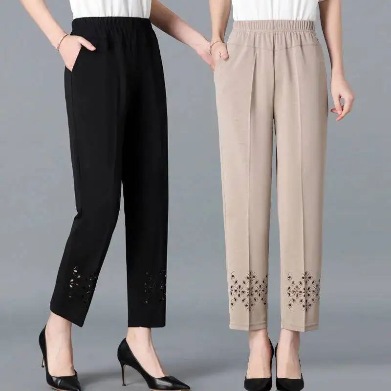 2025 Spring Summer Cropped Pants For Women Hollow Out Pantalon Femme Casual Solid Color High Waist Straight Trousers