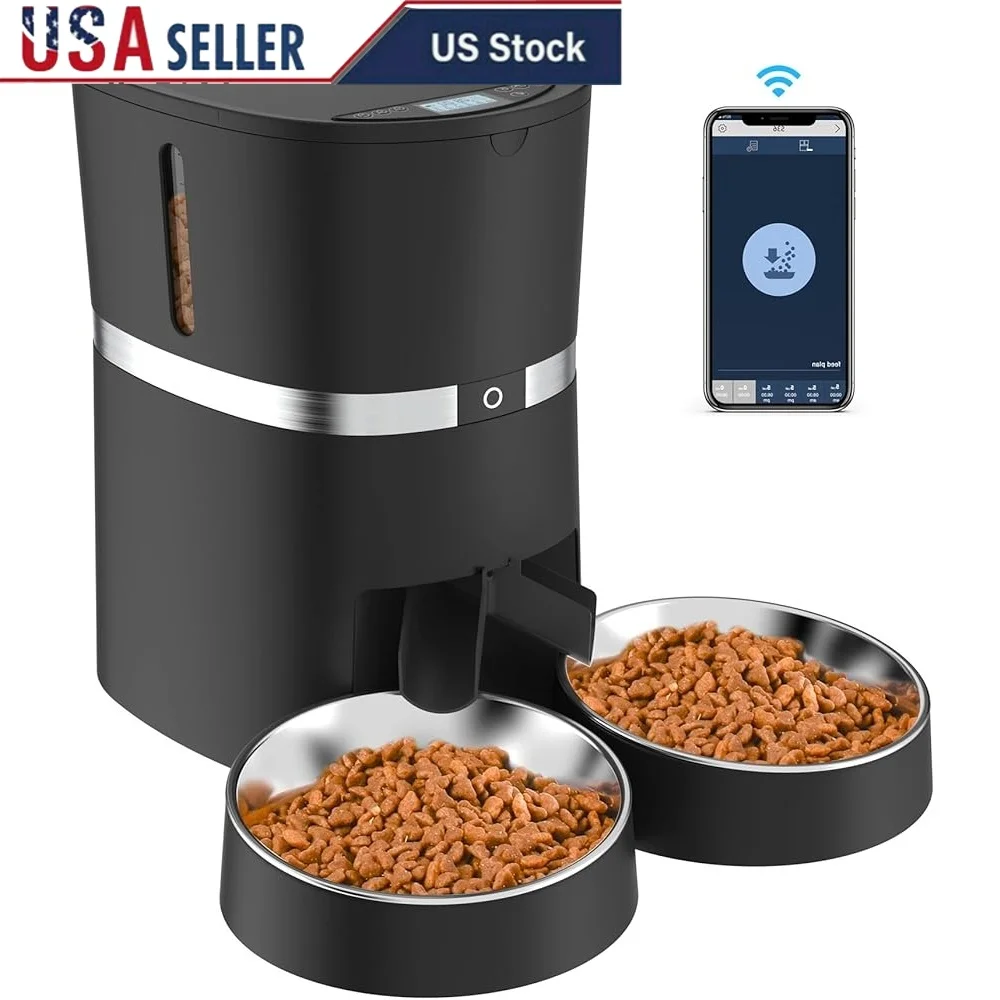 

Smart Cat Feeder Automatic WiFi Enabled Pet Food Dispenser APP Control Cats Dogs 4L Programmable 6 Meals Daily Two Bowls