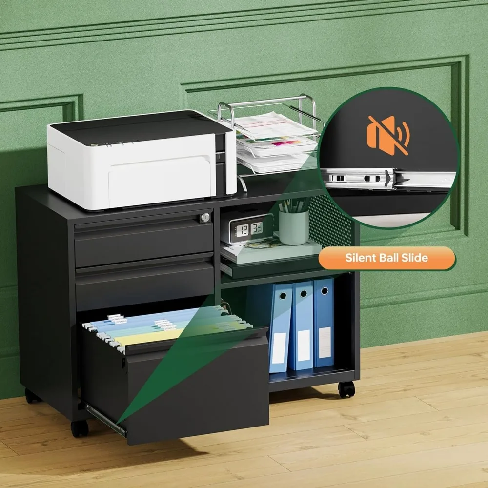 Mobile 3 Drawer File Cabinet with Lock-Metal Lateral Rolling Printer Stand Filing Cabinets for Home Office-Storage A4/F4/Letter