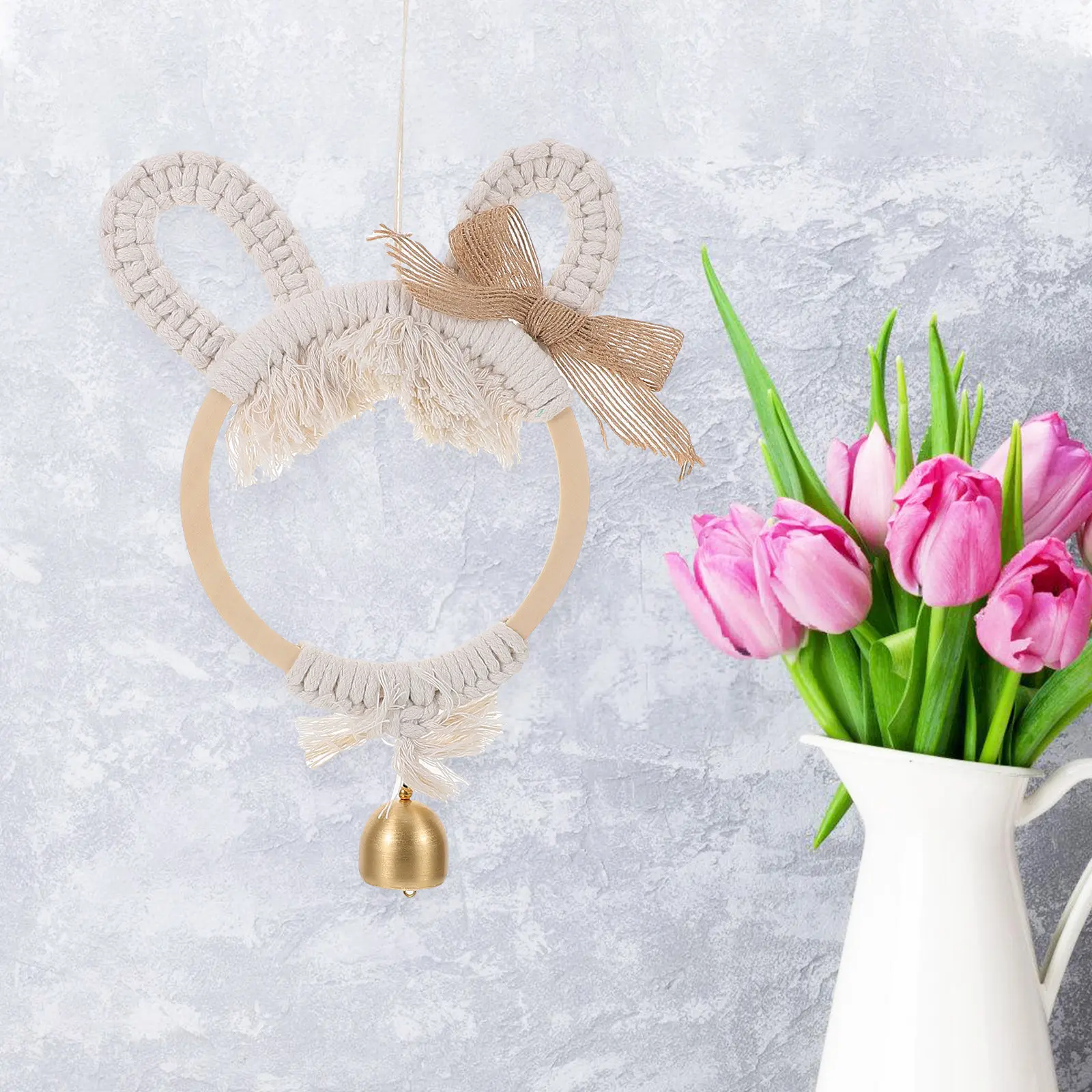 Woven Bell Wall Hanging Handmade Macrame Bunny Wind Chime Decor For Home Living Room Bedroom Office Window Art Decoration