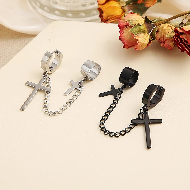 Boucles d'oreilles Punk à pampilles croisées pour femmes, 1 pièce, Clip intégré, bijoux gothiques chrétiens Hip Hop, chaîne en métal, anneau d'oreille