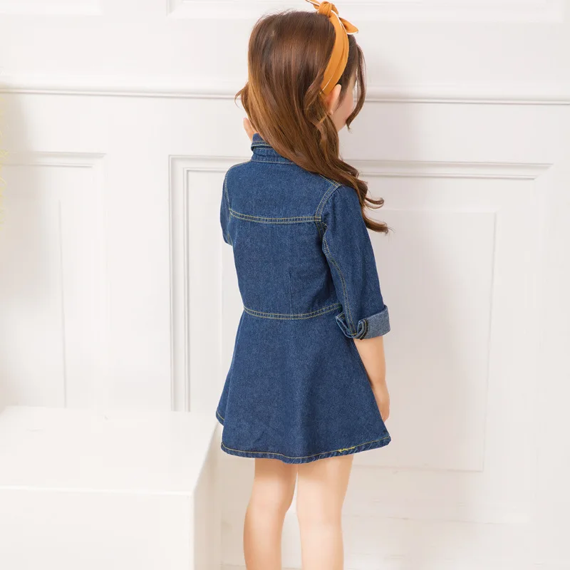 Girls Denim Dress Fall New Small And Medium-Sized Fashion Kids Clothing Long Sleeve Lapel Pocket Children Single-Breasted Dress