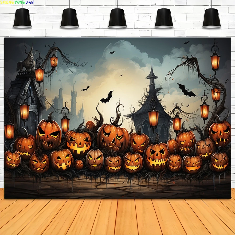 Halloween Backdrop Full Moon Scary House Night Castle Graveyard Forest Bats Pumpkin Lantern Spooky Photography Background  SJ-10