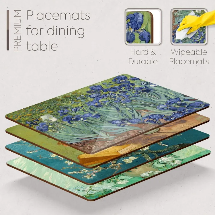 Set of 4 Heat Resistant Cork Placemats for Dining Table with Free Set of 4 Matching Drink Coasters Van Gogh Masterpieces Design