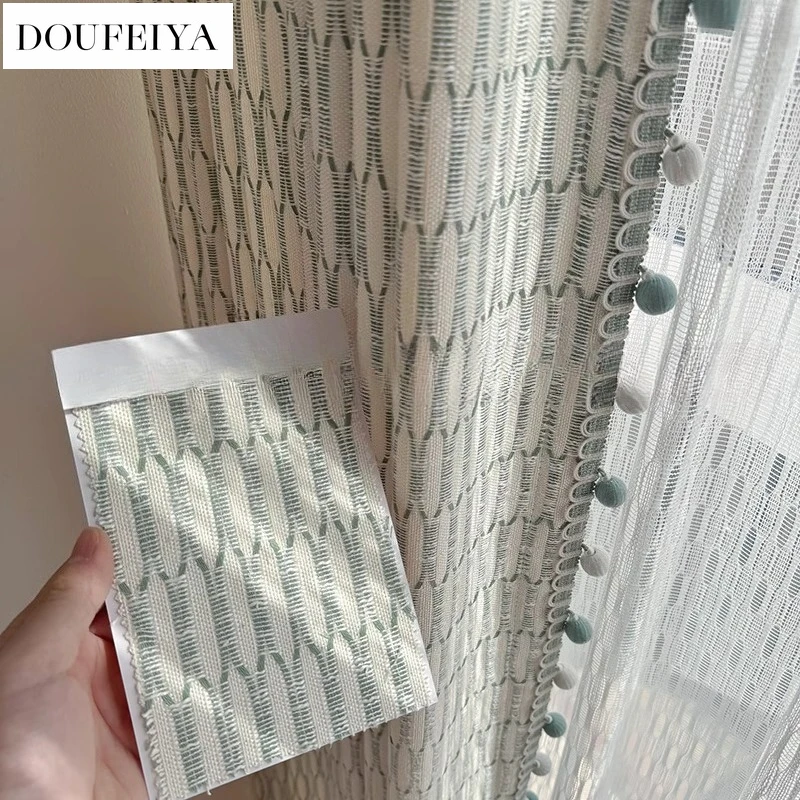 

French Cream Lake Blue Blackout Curtains for Living Room Bedroom Dining Jacquard Customized Children's Room Custom White Tulle