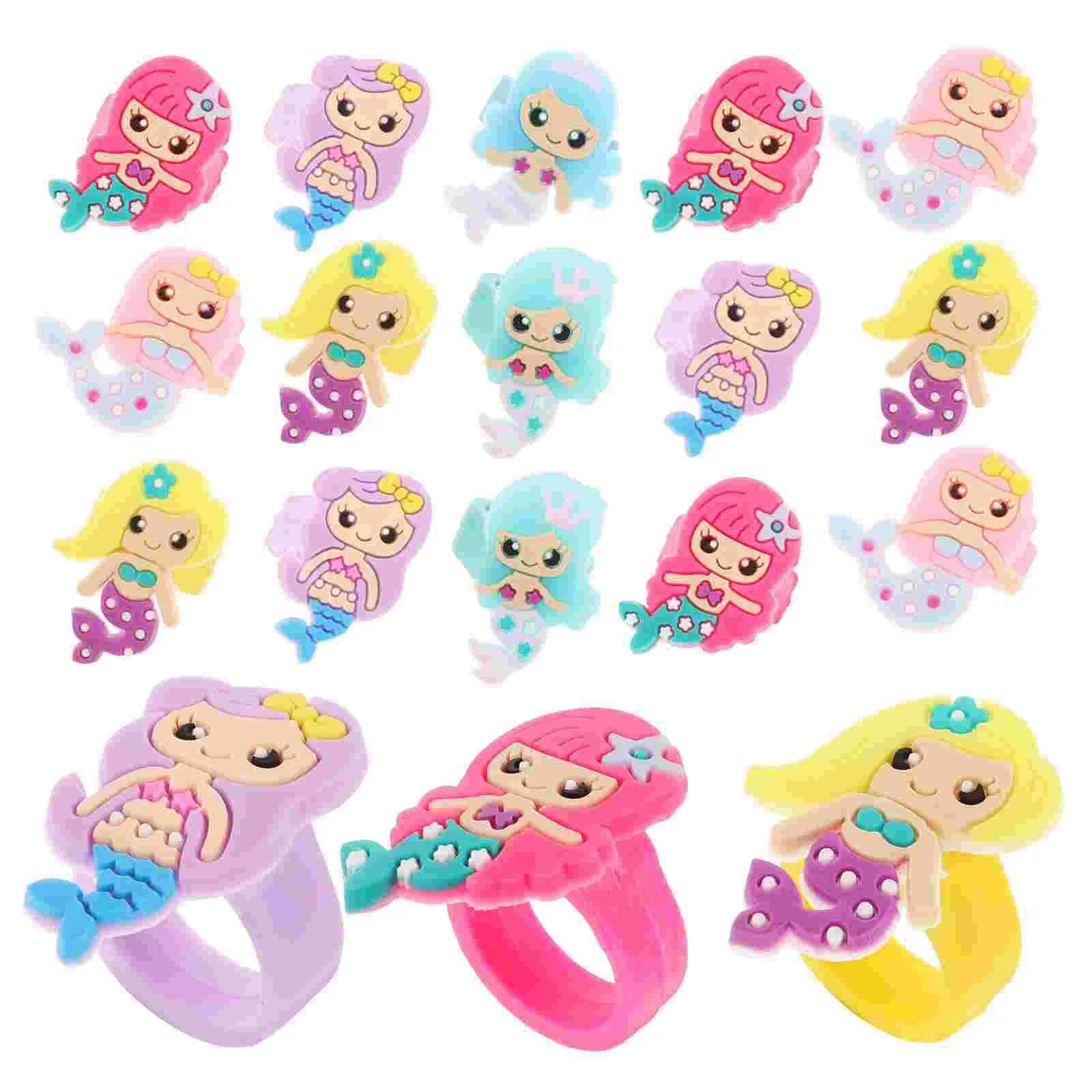 24pcs Mermaid Shape Rings PVC Children Rings Adorable Decorative Jewelry Birthday Party Favors Gifts for Kids Random Assorted Co