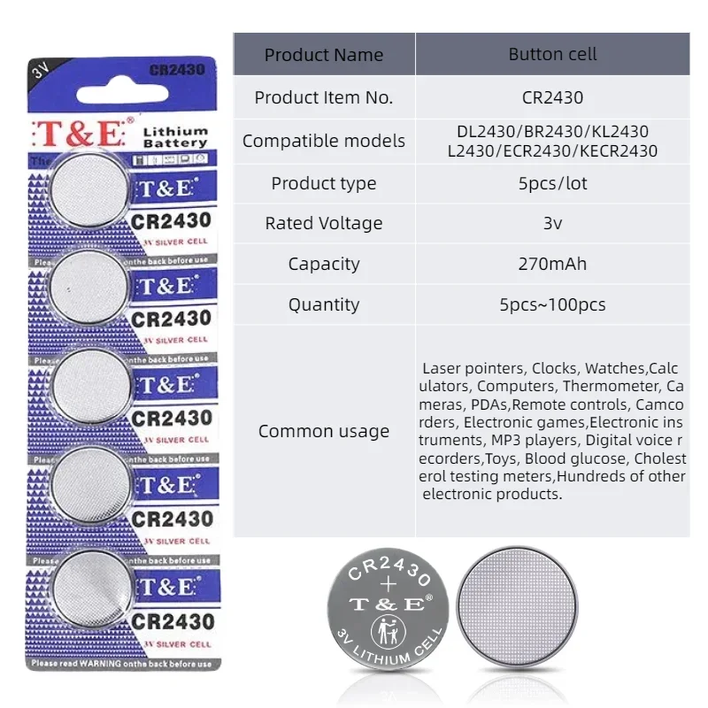 top5-100PCS CR2430 3V 270mAh Lithium Button Batteries DL2430 BR2430 KL2430 L2430 Coin Cells For Watch Remote Key Electronic Scal