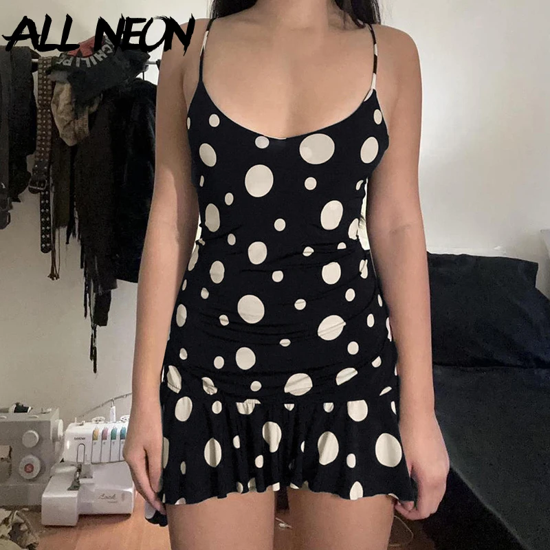 

ALLNeon Acubi Fashion Polka Dot Print Straps Mini Dress Women Gothic Teachwear Sexy Backless Ruffles Hem Dresses Cyber Y2K Gown