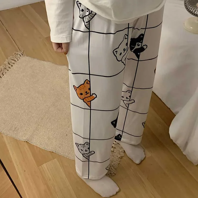 

Pajama Pants Women White Plaid Cartoon Cat Pants Student Home Pants Beach Pants Ladies Sleeping Pants Girl Loungewear Pants