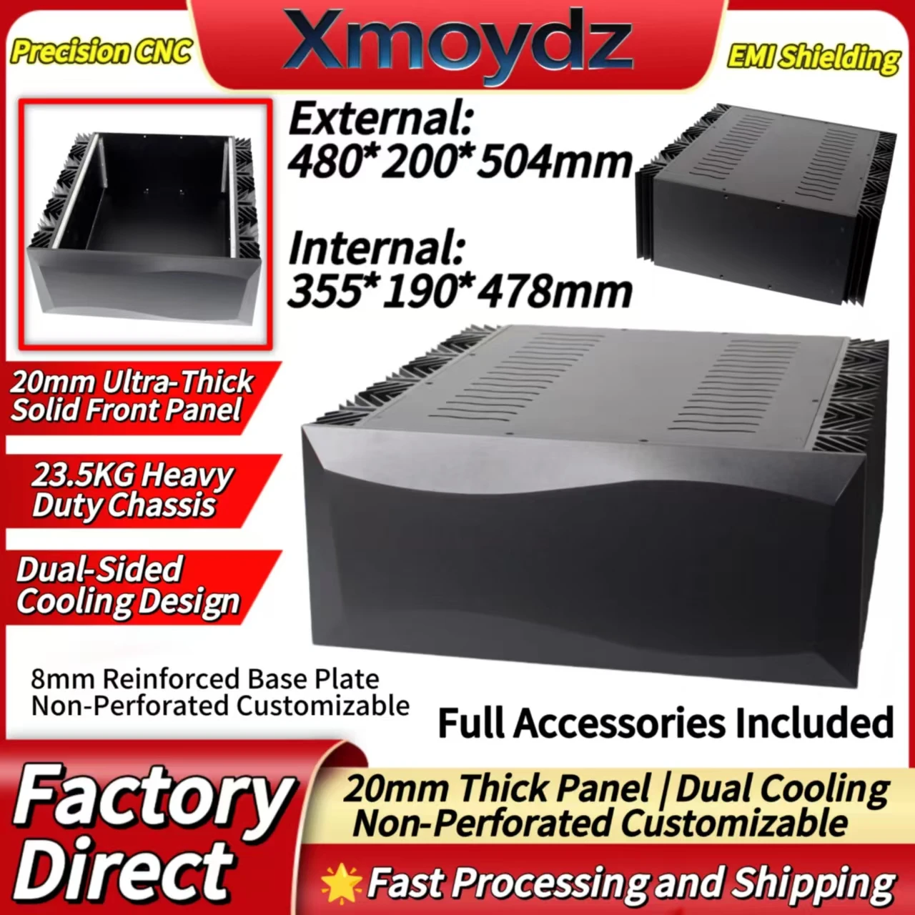 

Корпус для Hi-Fi усилителя DIY из алюминия, 480*200*504 мм, класс A, с двойным охлаждением, без перфорации, внутренний размер 355*190*478 мм