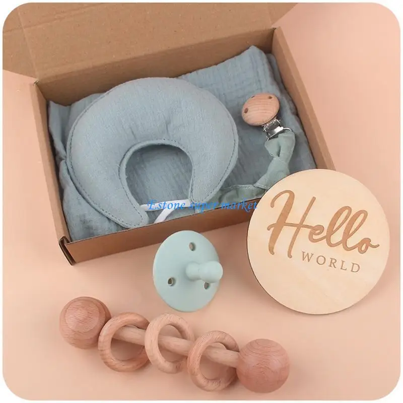 

090B Baby Gift Set Moon Appease Towel Baby Pacifier Pacifier Chain Memorial Card Shake for Infant Baby Boys Girls Baby