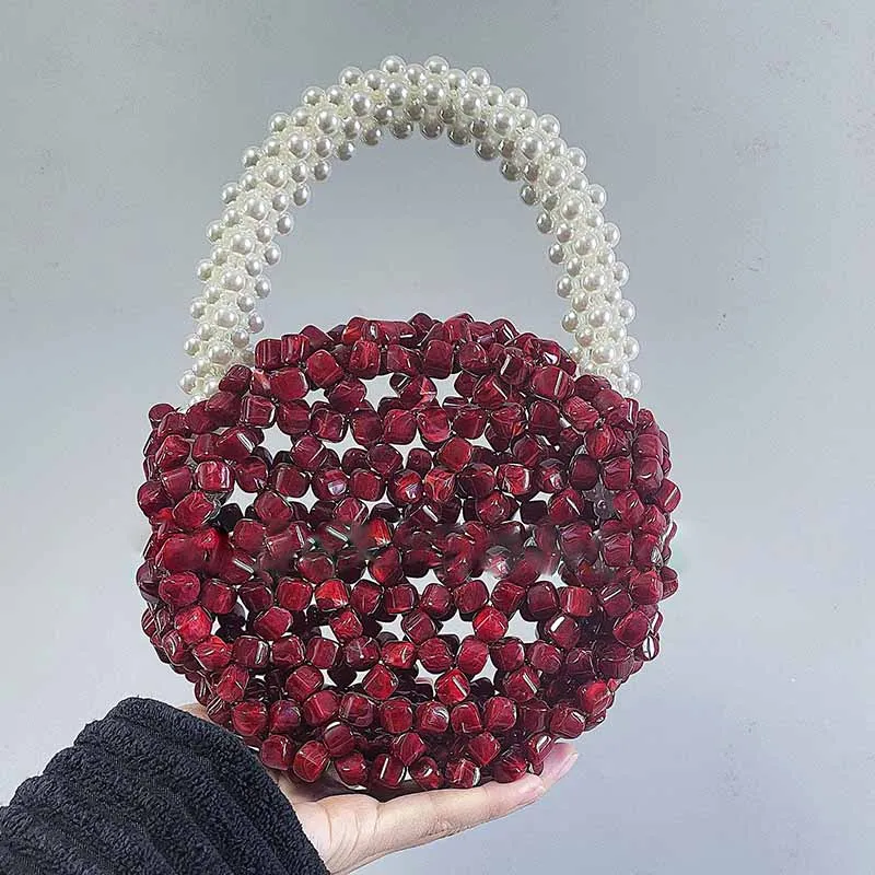 Pomegranate Retro Hollowed-out Red Cherry Pink Round Cake Imitation Pearl Handbag2022 Two-color Imitation Jade Small Square Bead