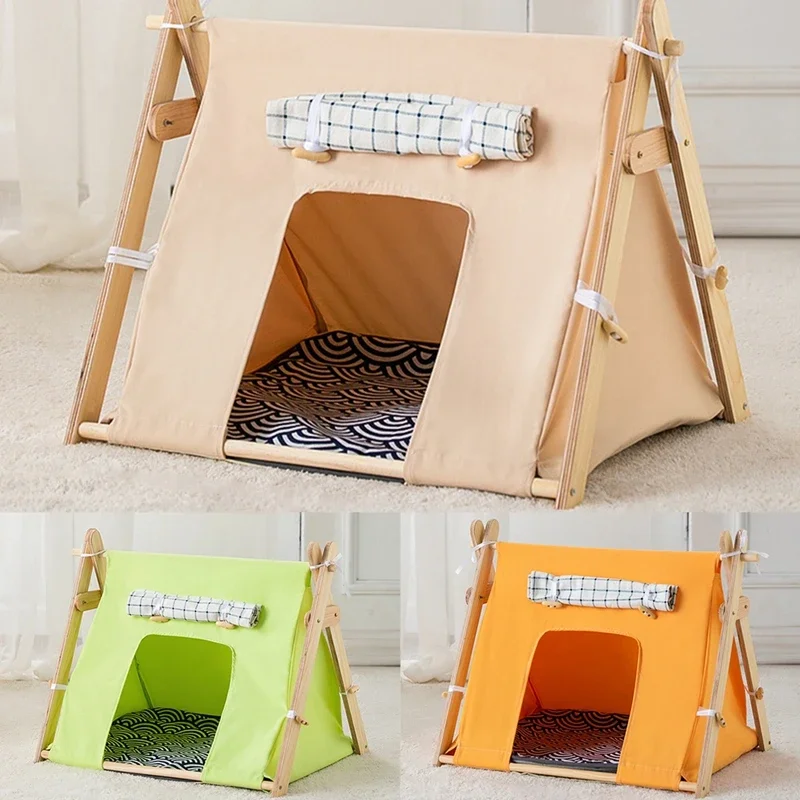 Linen Cat Tents Bed Sturdy Safe Large Feral Shelter with Door Curtain Breathable for Indoor Cats Kitten Small Dogs Hamster