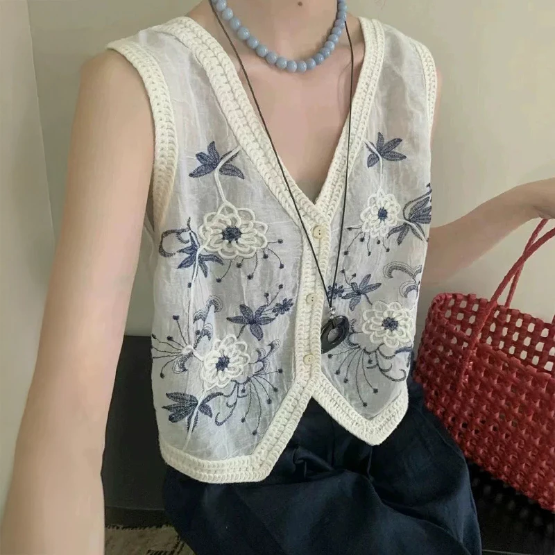 Women's Embroidered Floral Vest Button Down V-Neck Sleeveless Waistcoat Openwork Knit Tops Summer Retro Boho Cottagecore