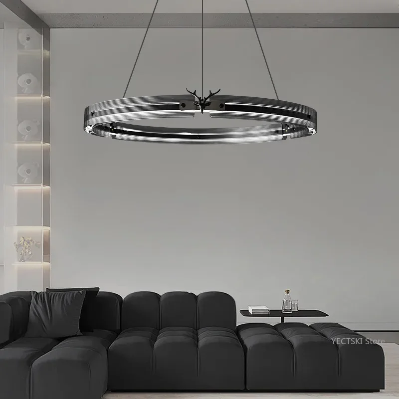 

GHJUYIOL Italian minimalist living room pendant lamp designer Nordic black circular ring high-end modern minimalist light luxury